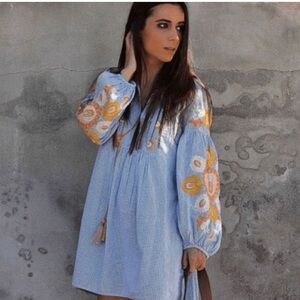 ZARA mini dress tunic gingham embroidery size M new hippy boho festival